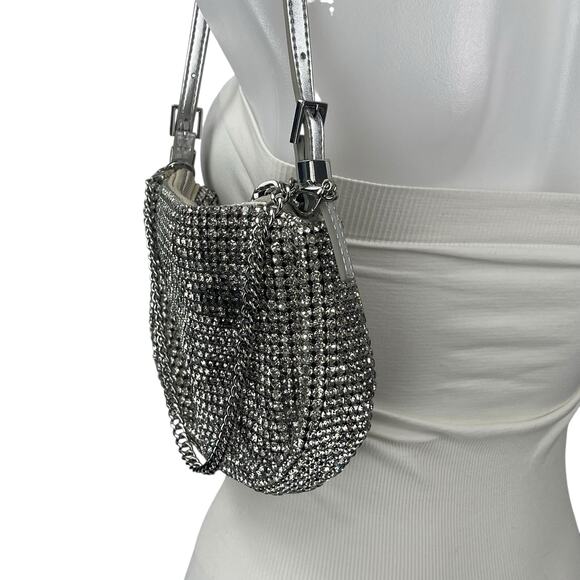Aldo Mistera Silver Rhinestone Sparkly Shimmer Crescent Half Moon Shoulder Bag - Picture 5 of 8